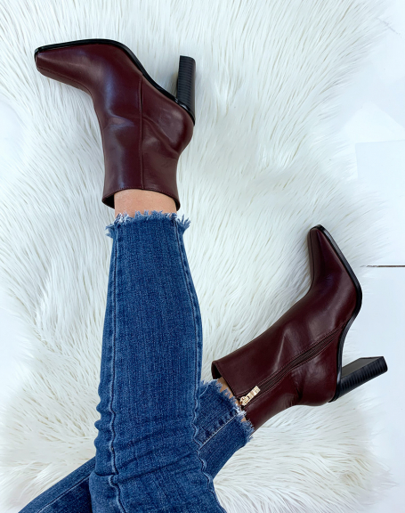 Burgundy square toe heeled ankle boots