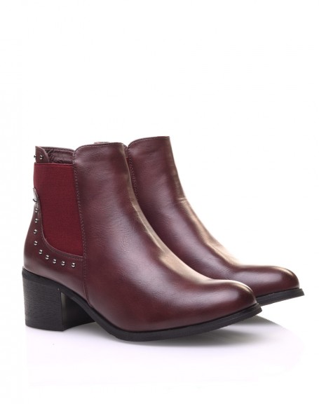 Burgundy studded Chelsea boots with small heels