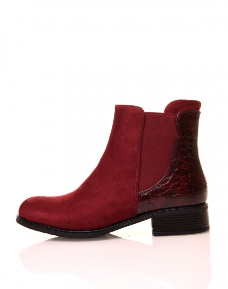 Burgundy suedette ankle boots with croc effect