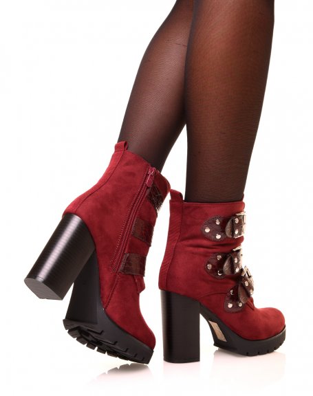 Burgundy suedette ankle boots with crocodile straps