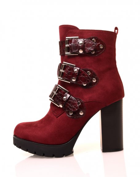 Burgundy suedette ankle boots with crocodile straps