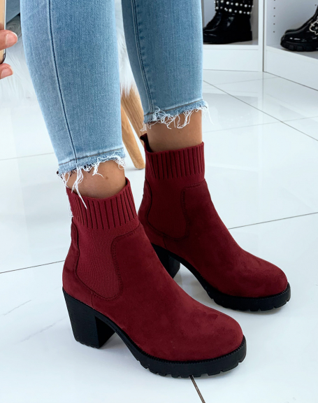 Burgundy suedette sock-effect ankle boots with heels
