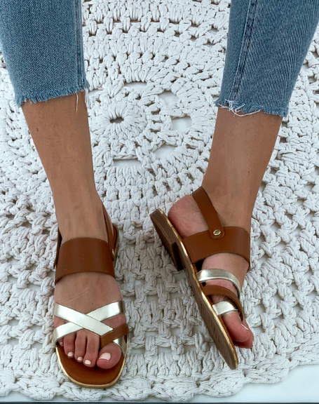 Camel and gold leather slippers with multiple crisscrossing straps