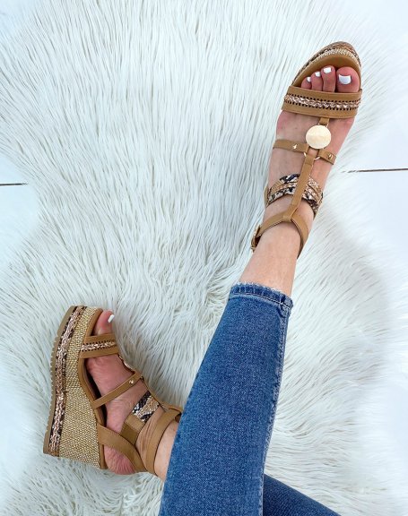 Camel and rose gold wedge sandals