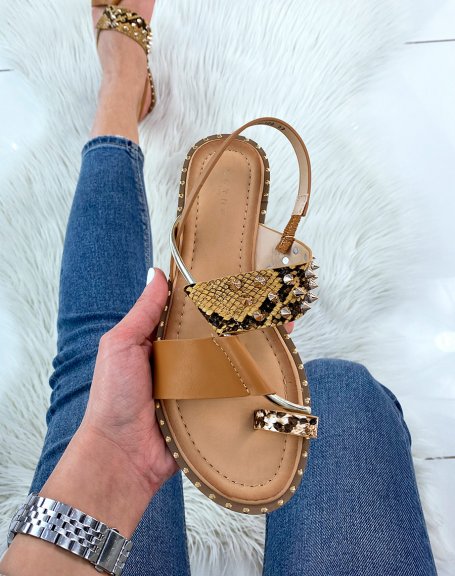 Camel and snake effect sandals adorned with studs