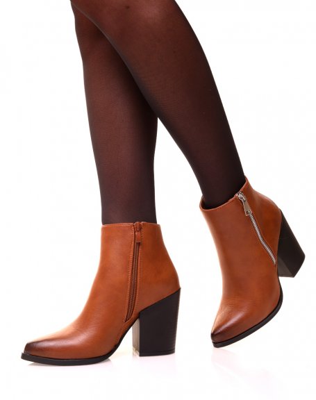 Camel ankle boot with decorative zip heel