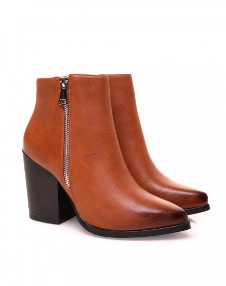 Camel ankle boot with decorative zip heel