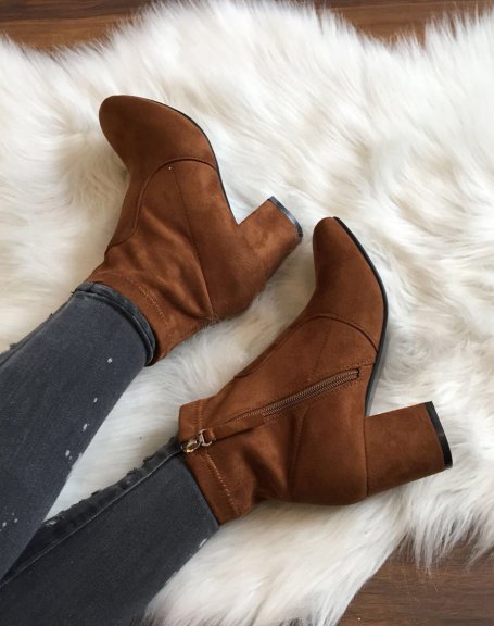 Camel ankle boots entirely in suede thick mid-high heels