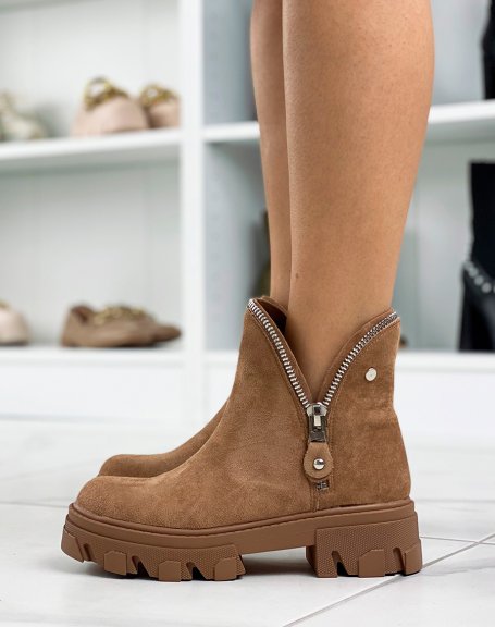 Camel ankle boots in zipped petal effect suede