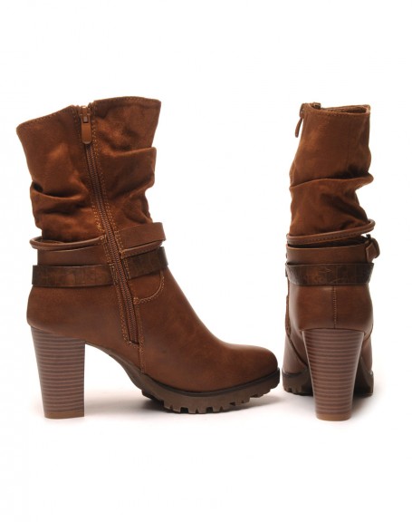 Camel ankle boots with bi-material double strap heels