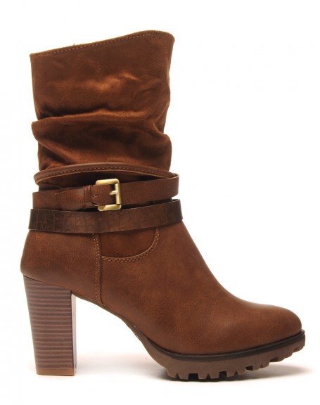 Camel ankle boots with bi-material double strap heels