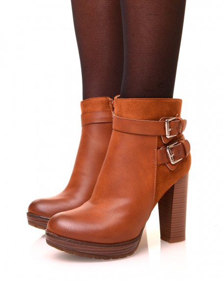 Camel ankle boots with bi-material heels