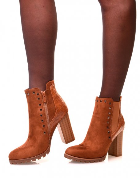 Camel ankle boots with bi-material heels and studded details