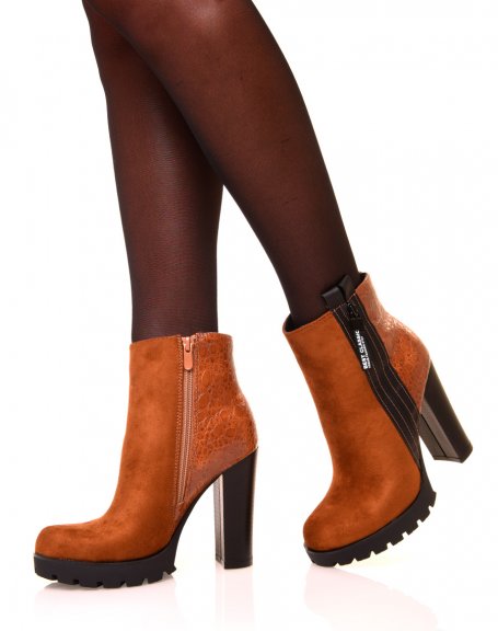 Camel ankle boots with bi-material high heels