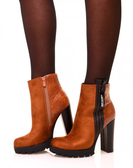 Camel ankle boots with bi-material high heels