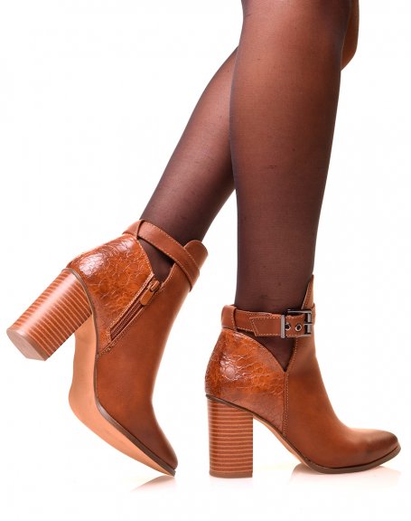 Camel ankle boots with bi-material pointed toe and heels