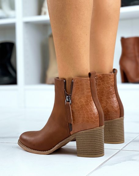 Camel ankle boots with croc-effect bi-material square heels