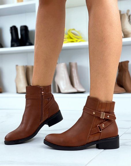 Camel ankle boots with croc-effect straps