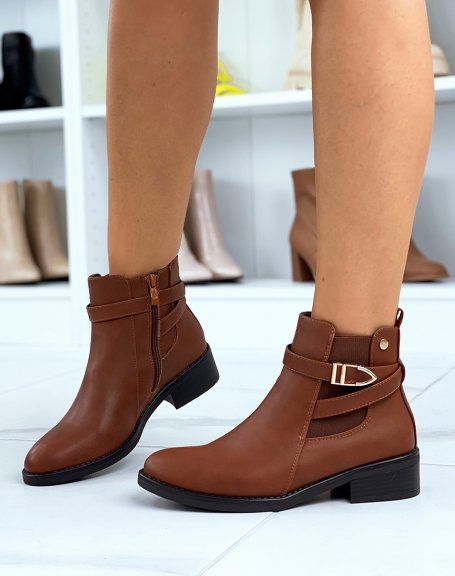 Camel ankle boots with crossed straps
