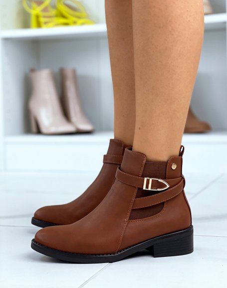 Camel ankle boots with crossed straps