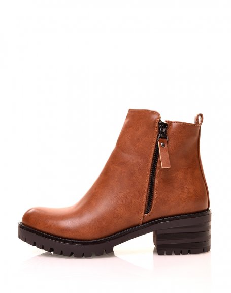 Camel ankle boots with decorative closure and lug sole