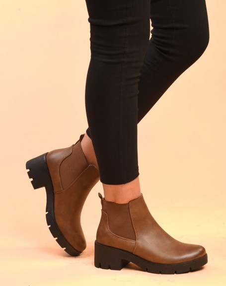 Camel ankle boots with elastic & large lug sole