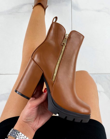 Camel ankle boots with heel and gold zip detail