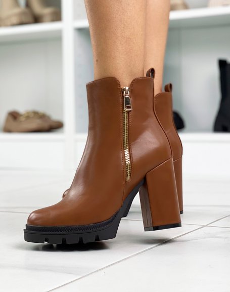 Camel ankle boots with heel and gold zip detail