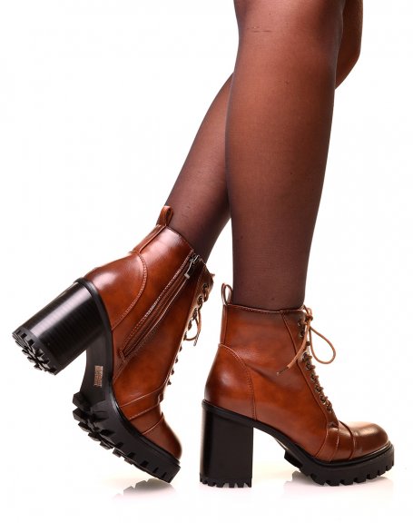 Camel ankle boots with heels and laces
