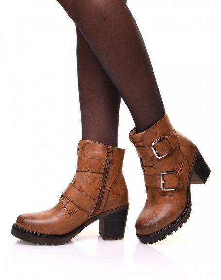 Camel ankle boots with heels and straps