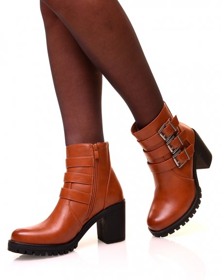 Camel ankle boots with heels and straps