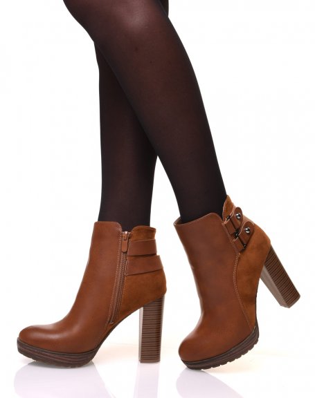 Camel ankle boots with high bi-material heels