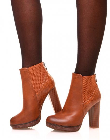 Camel ankle boots with high heels and croc effect