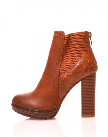 Camel ankle boots with high heels and croc effect