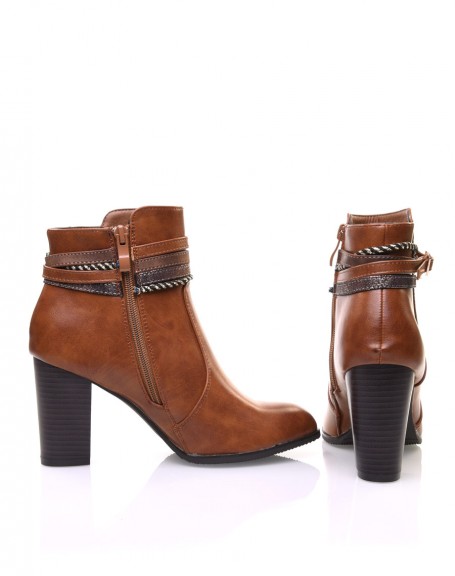 Camel ankle boots with high heels and decorative straps