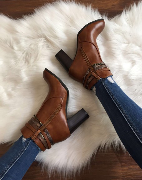 Camel ankle boots with high heels and decorative straps