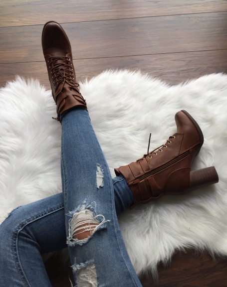 Camel ankle boots with laced heels