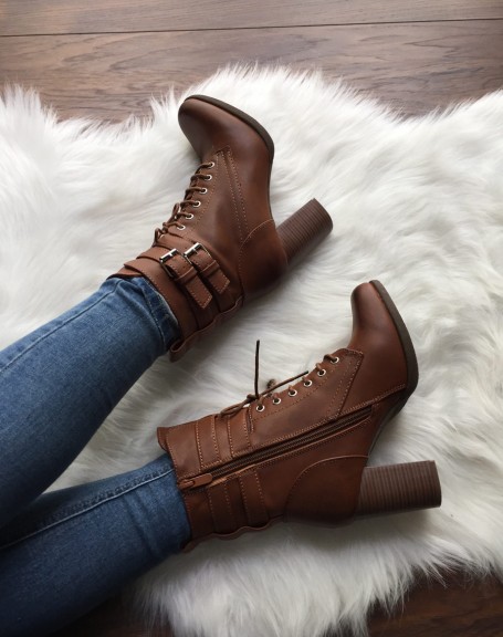 Camel ankle boots with laced heels