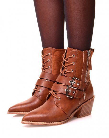 Camel ankle boots with laces and bi-material beveled heels
