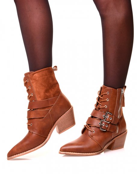 Camel ankle boots with laces and bi-material beveled heels