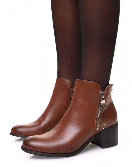 Camel ankle boots with mid heel and decorative studs