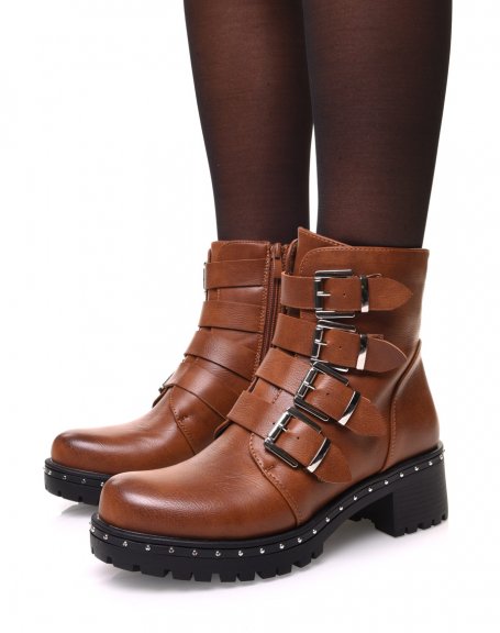 Camel ankle boots with multiple straps and studded sole