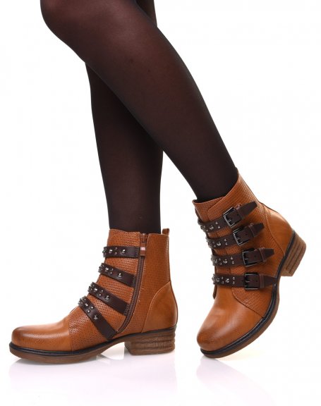 Camel ankle boots with multiple studded straps