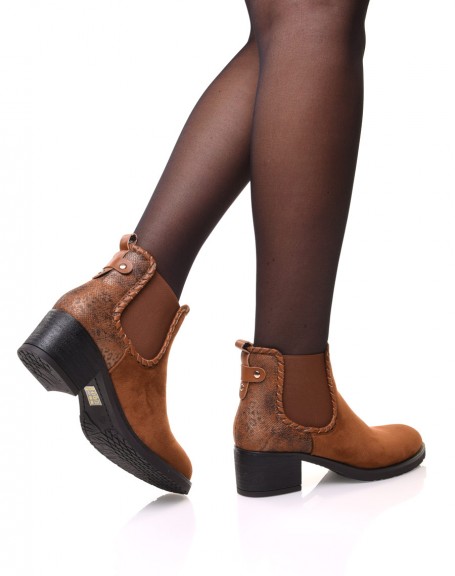 Camel ankle boots with shiny scale print
