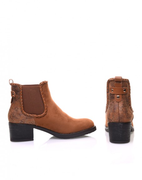 Camel ankle boots with shiny scale print