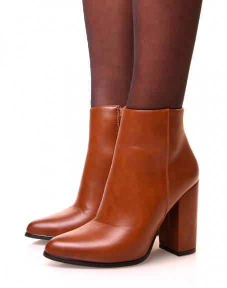 Camel ankle boots with square heels and pointed toes
