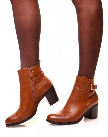 Camel ankle boots with square heels and strap