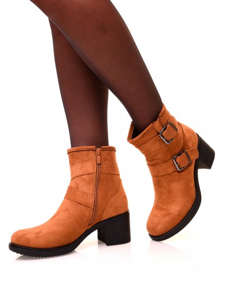 Camel ankle boots with square heels in suede with straps