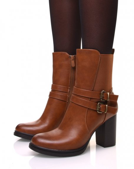 Camel ankle boots with strapped heels