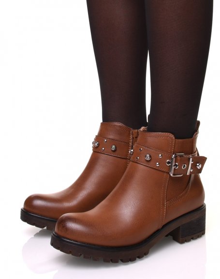 Camel ankle boots with straps adorned with rhinestones and small studs